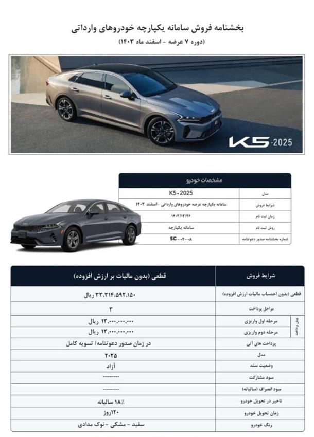 شرایط جدید فروش کیا K5 با قیمت جدید